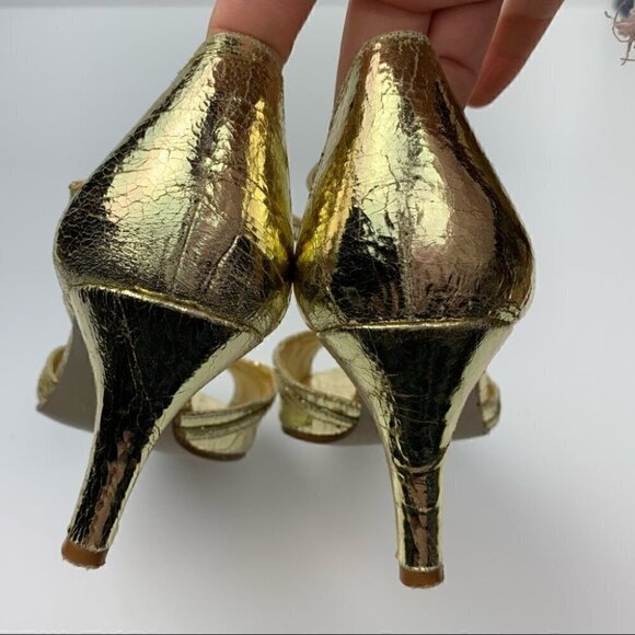 J crew heels size 6 gold Italian leather metallic peep toe party formal holiday - Picture 9 of 14